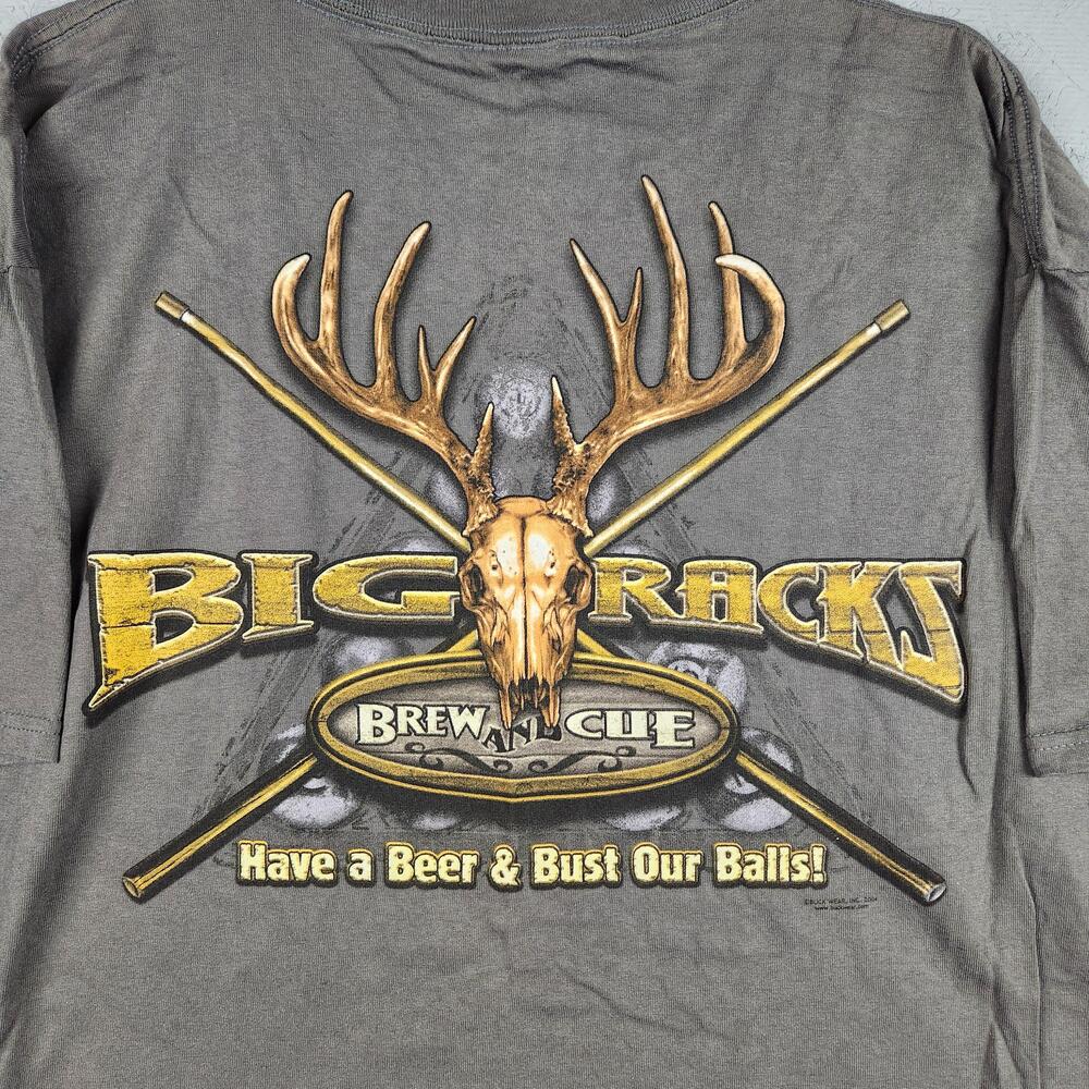 Vintage Big Racks Brew & Cue Shirt Mens XL Gray Deer Skull Beer Hunting Y2K Pool